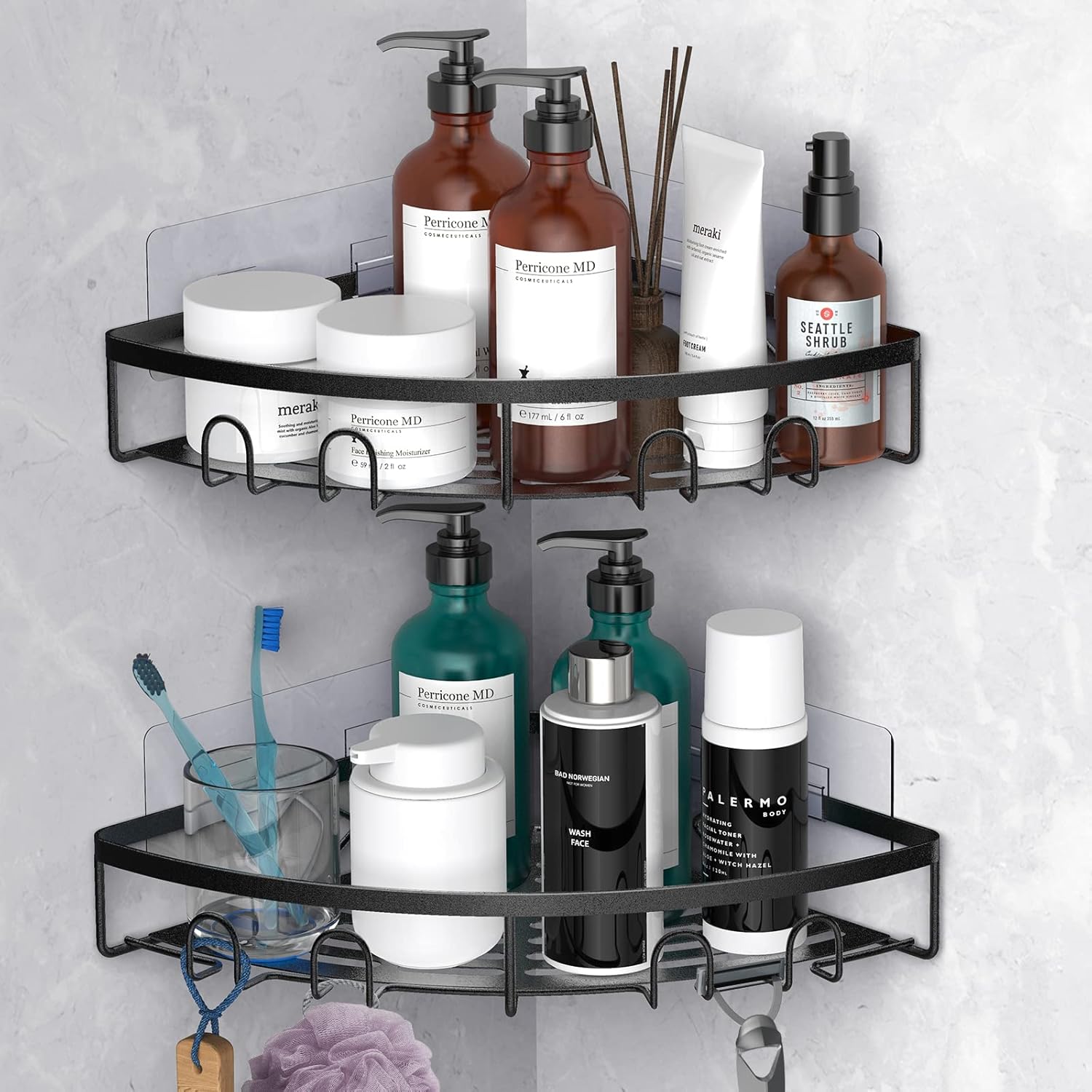 Skiennix Corner Shower Caddy - 2 Pack Adhesive Bathroom Organizer Shelf | No Drilling, Rustproof, Black