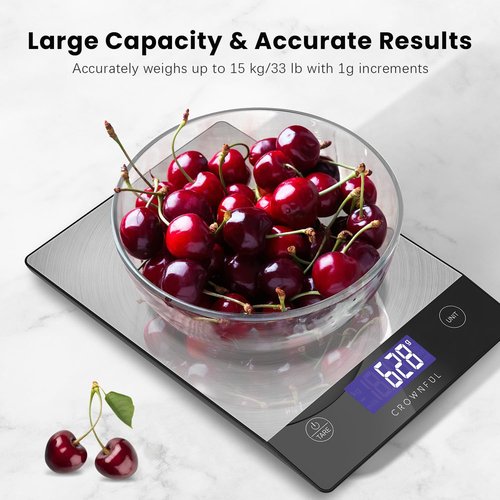 CROWNFUL Digital Kitchen Scale - 33lb Rechargeable 304 Stainless Steel | LCD Display for Accurate Grams & Ounces