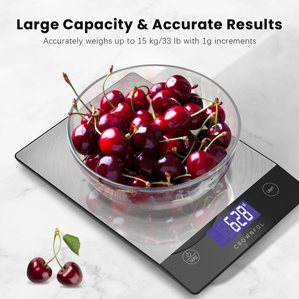 CROWNFUL Food Scale, 33lb Rechargeable 304 Stainless Steel Digital Kitchen Scale Weight Grams and Ounces with LCD Display and Type-C Charging for Meal Prep, Baking and Cooking