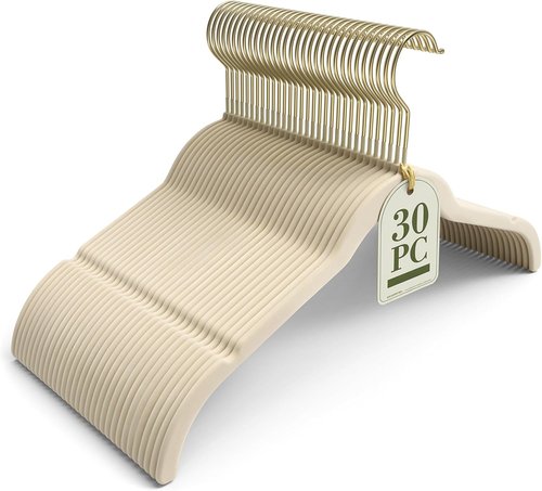 Korpai Velvet Hangers - 30 Pack Non-Slip Durable Slim Space-Saving Design | Beige with Gold 360° Swivel Hook