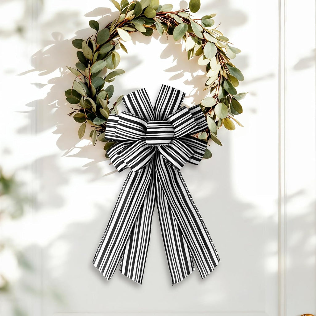 Regine Switzerland Christmas Wreath Bows - White & Black Striped Burlap Ribbon Bowknot for Holiday Decor