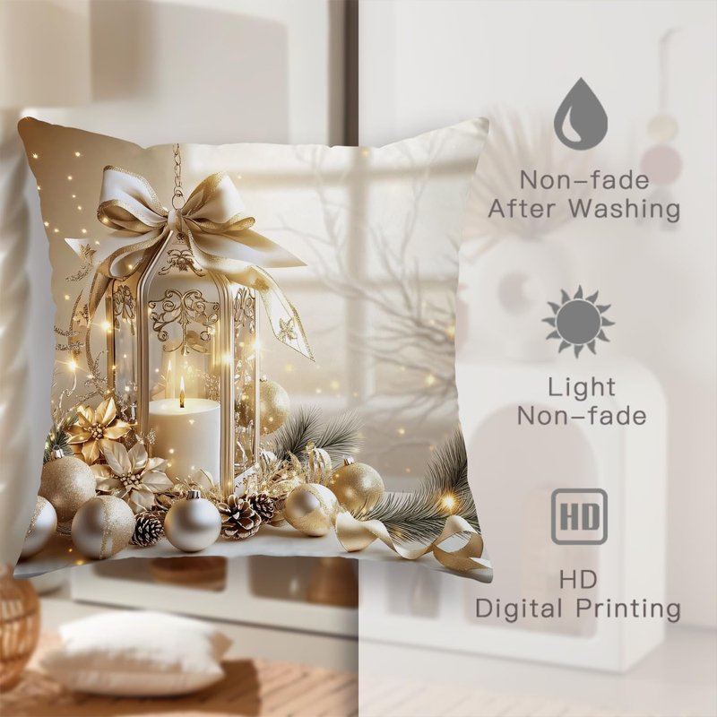 Winter Christmas Pillow Covers Set of 4, Elegant Luxury White Gold Balls Ornament Wreath Throw Pillows Case, Cozy Gift Box Festive Decorative Square Home Sofa Bed Couch Accents Covers 18x18 Inch