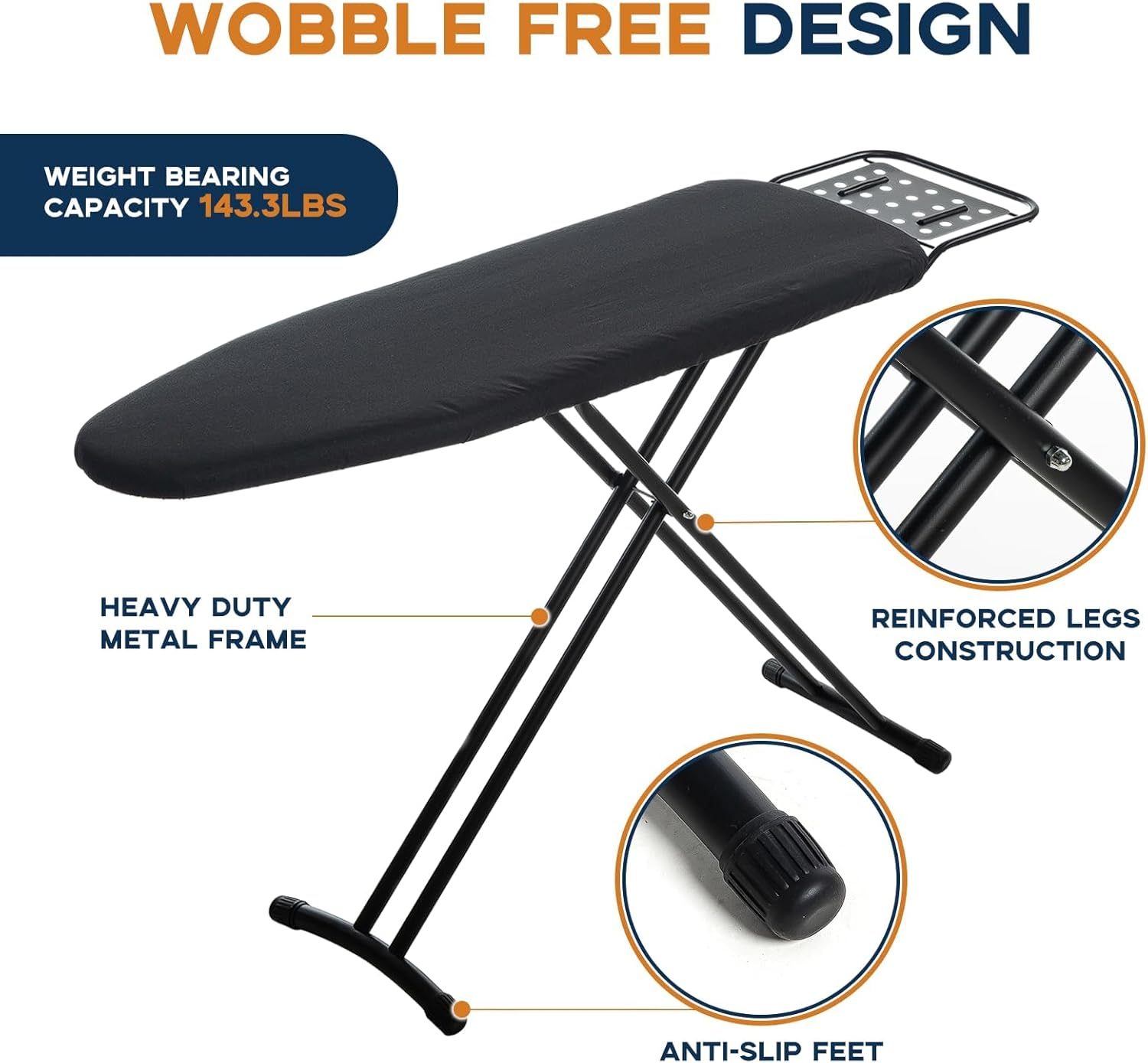 RAINHOL Full Size Ironing Board - Heavy Duty Compact Design with Heat Resistant Cover & Adjustable Height | 54"x13" Black