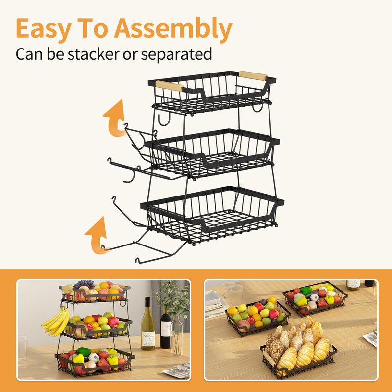 GILLAS 2 Tier Countertop Fruit Basket with 2 Banana Hangers for Kitchen, Detachable Metal Organizer for Bread Vegetable Fruits with Wooden Handle, Large Capacity Rectangular Storage Stand Bowls, Black