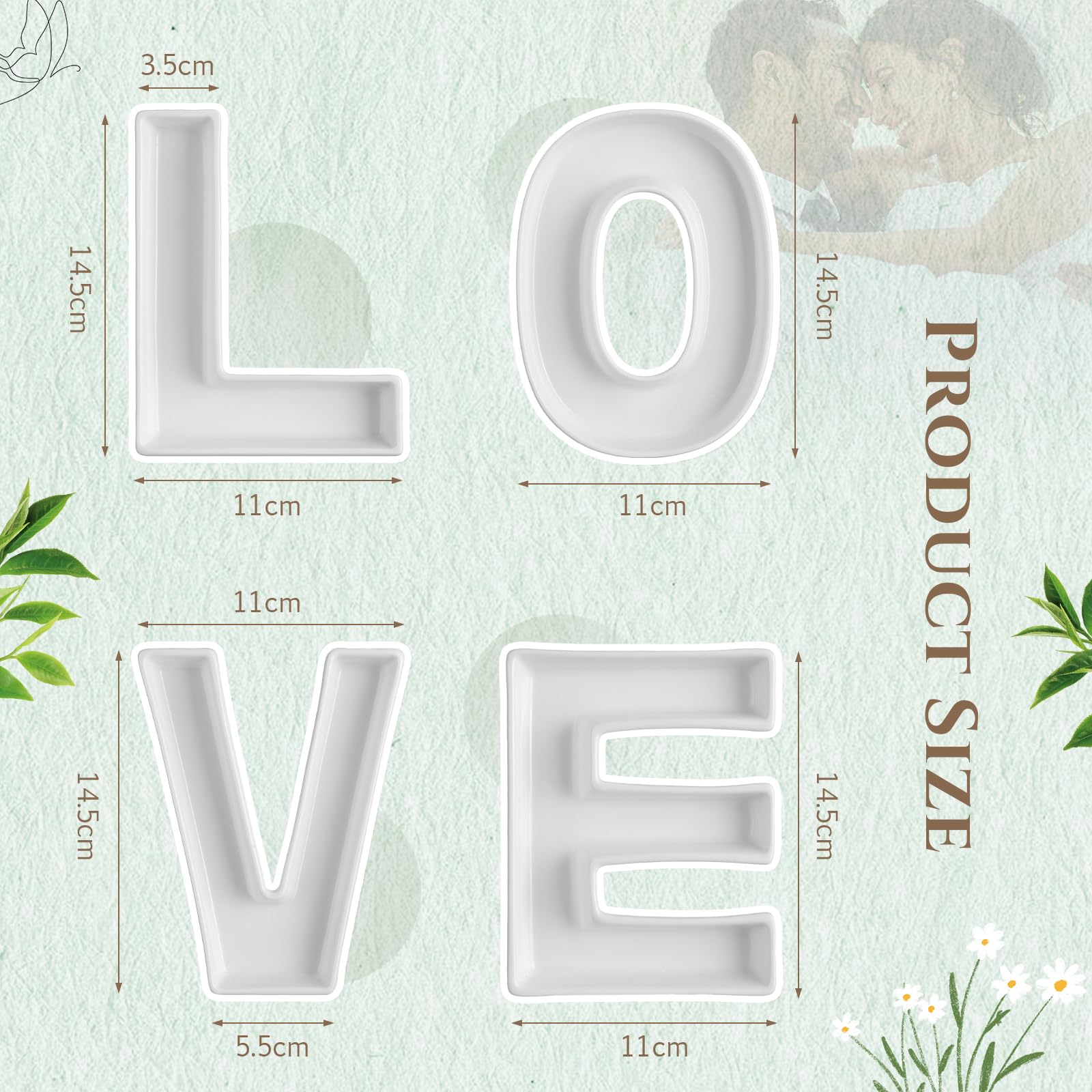 Uiifan 4 Pcs Ceramic Love Charcuterie Letters Serving Tray, Food Candy Fruit Cake Cookies Nuts Dish for Valentine's Day Baby Shower Gender Reveal Birthday Party Supplies