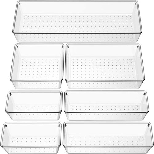Criusia Clear Drawer Organizer - 7-Piece Versatile Plastic Storage Trays for Kitchen & Bathroom | Non-Slip Design