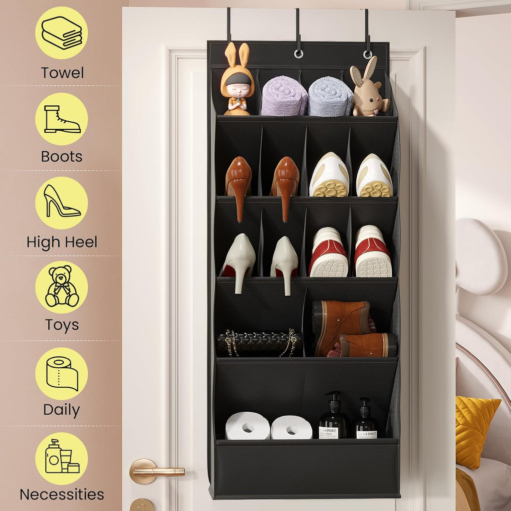 Skiennix Over The Door Shoe Organizer - 18 Pairs Capacity with Large Breathable Pockets | Black