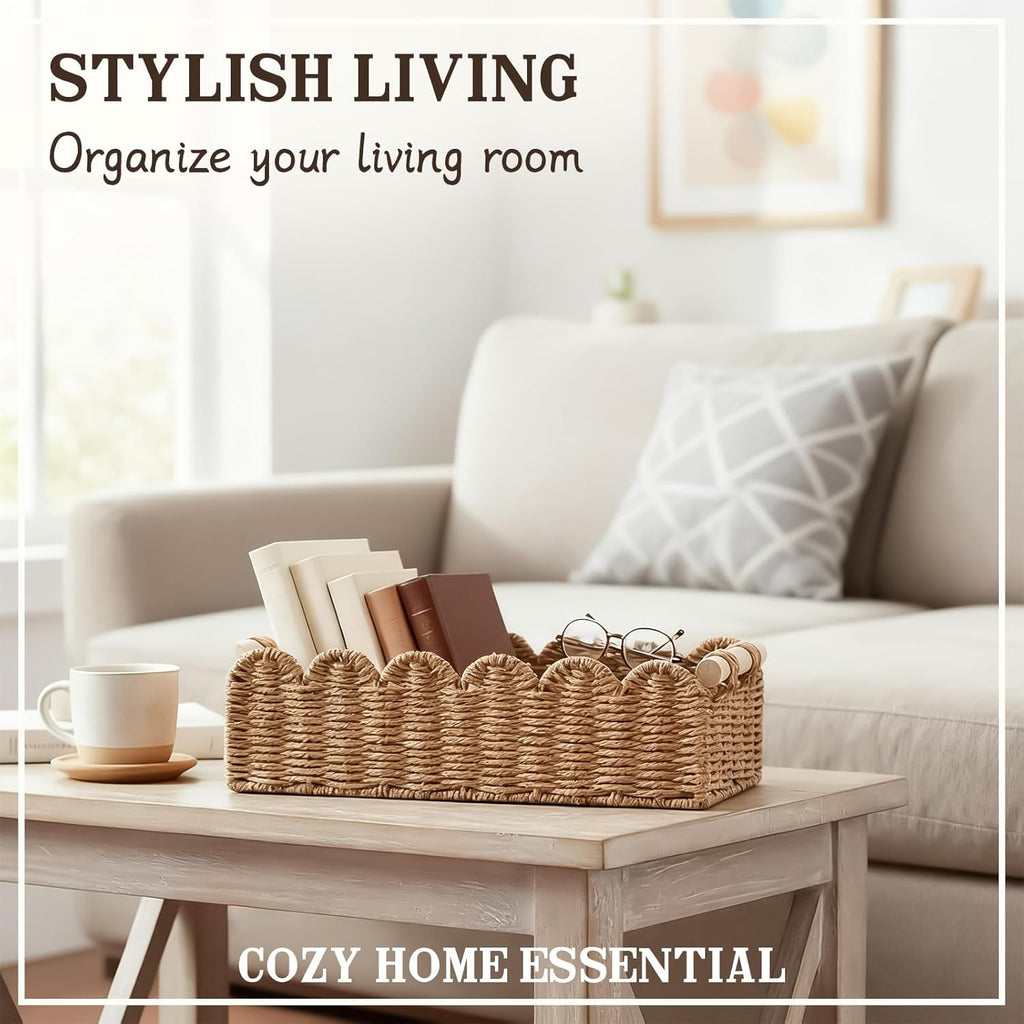 Skiennix Scalloped Edge Toilet Paper Storage Basket - Upgraded Paper Rope Design | Small Neutral Decor