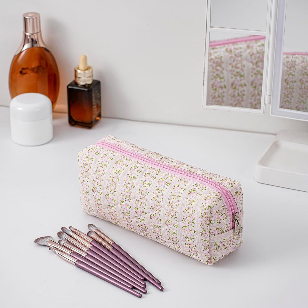 Skiennix Cute Floral Makeup Brush Bag - Quilted Travel Organizer Case in Pink Floral Design