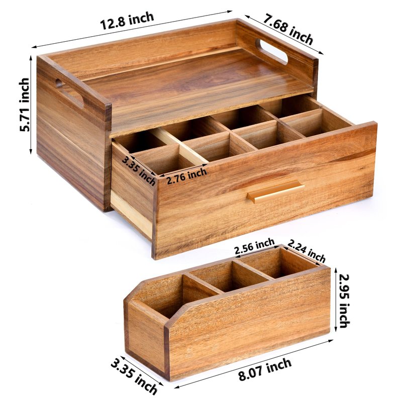 Balaipor Acacia Wood Tea Bag Organizer, Wooden Tea Bag Storage Box Holder with Drawer for Kitchen Office Tea Bar Countertop