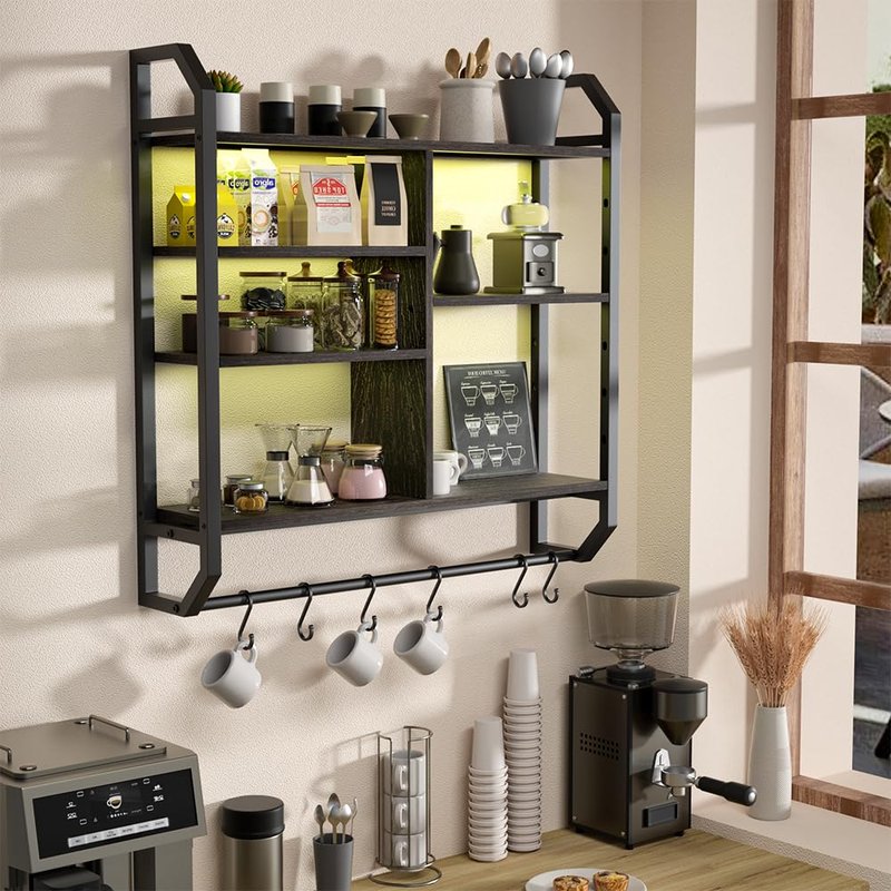 Nidouillet 34" Gaming Floating Shelves, Large LED Wall Mounted Display Shelf, Adjustable Hanging Pipe Shelf Bookshelf with Lights 6 Hooks for Game Living Room Bedroom Coffee Bar Kitchen Decor Black