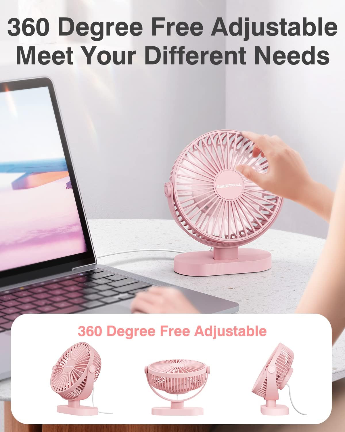 Sweetfull USB Desk Fan - 3-Speed Portable Mini Fan with 360° Rotation | Quiet Operation for Home & Travel (Pink)