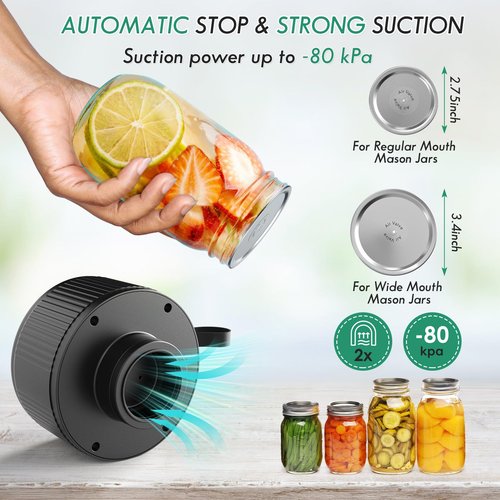 Automatic Mason Jar Vacuum Sealer Kit for Regular Mouth and Wide Mouth Canning Jars, 3-in-1 Electric Mason Jar Vacuum Sealer with 10 Regular Mouth 10 Wide Mouth Canning Jars and 2 Sous Vide Bags