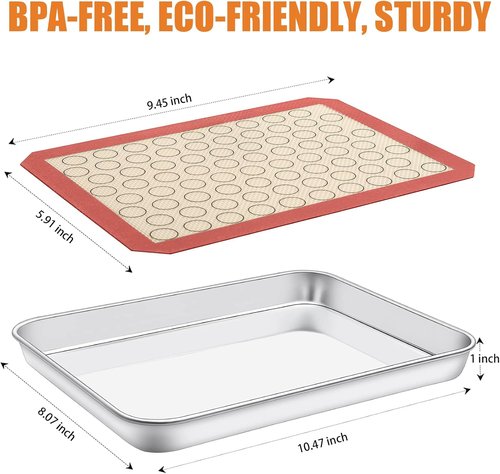 Deedro Baking Sheet Set - Stainless Steel Cookie Sheets with Silicone Mats | 4-Piece, 10 x 8 x 1 Inch
