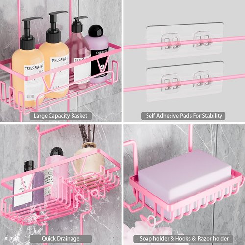 DAOYA Hanging Shower Caddy - Anti-Swing Organizer with 2 Soap Holders & Multi Hooks | Rustproof Pink Bathroom Accessory