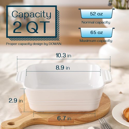 DOWAN 8x8 Ceramic Baking Dish - Versatile Square Casserole Pan with Handle, 2 Quart, White