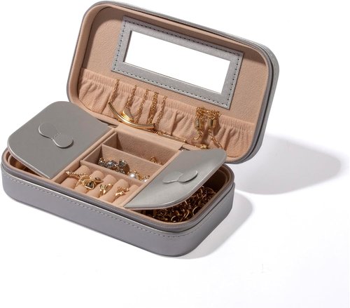 BINO Jewelry Case - Portable Stylish Organizer with Mirror for Earrings, Rings & Necklaces | Silver
