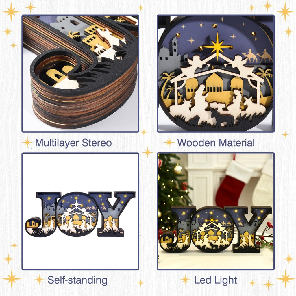 Nativity Scene Set by Christmas Joy - 3D Indoor Ornament with LED Lights for Tabletop Decor