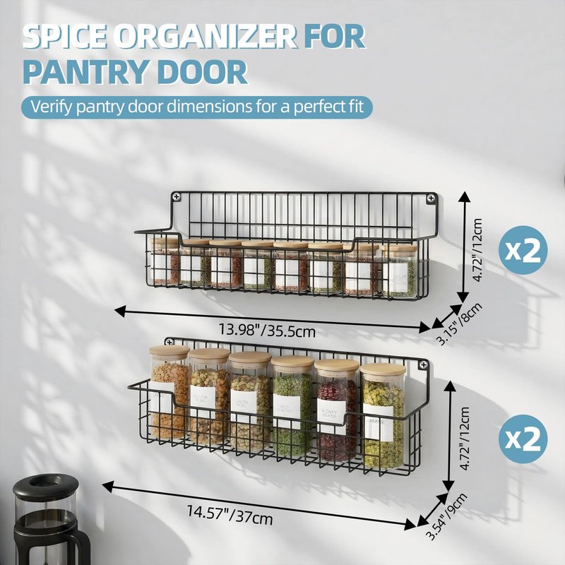 AURIKAR Spice Rack Wall Mount, Spice Organizer for Cabinet & Pantry Door, Set of 4 Hanging Spice Rack Saving Space for Kitchen, Black
