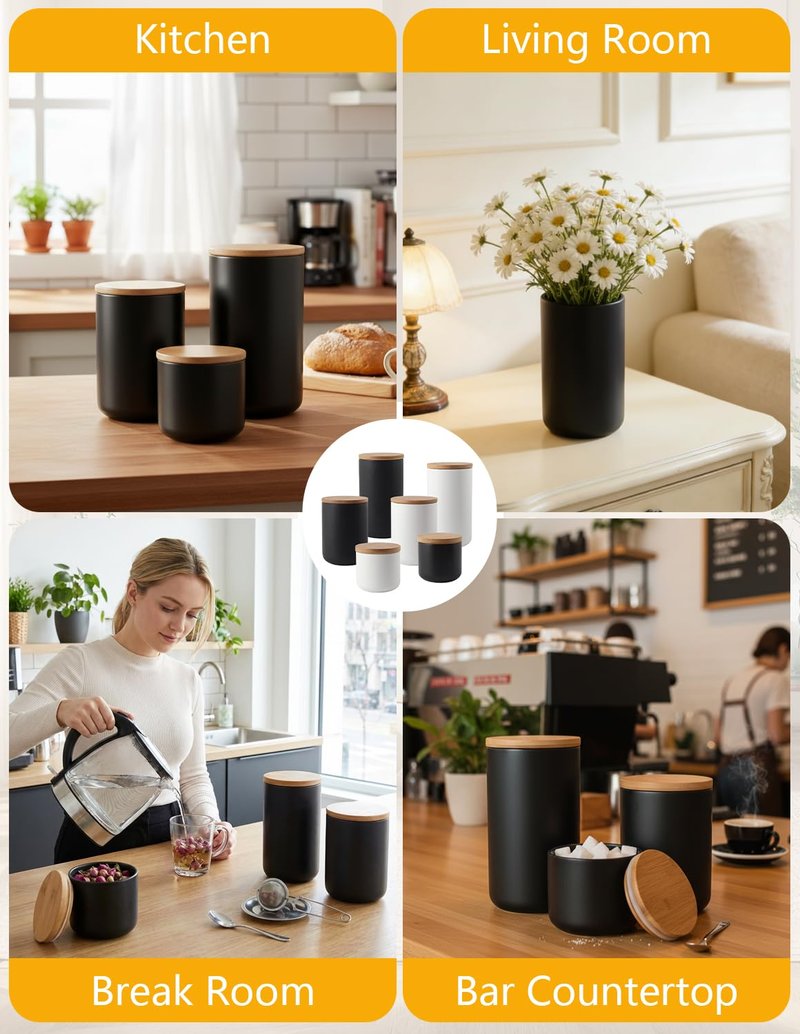 YYW Ceramic Food Storage Containers with Lids, Kitchen Canisters for Countertop, Black Food Containers Jar for Flour, Coffee Bean, Sugar, Tea, Spices and More, Home Decor (260ml/8.79oz)
