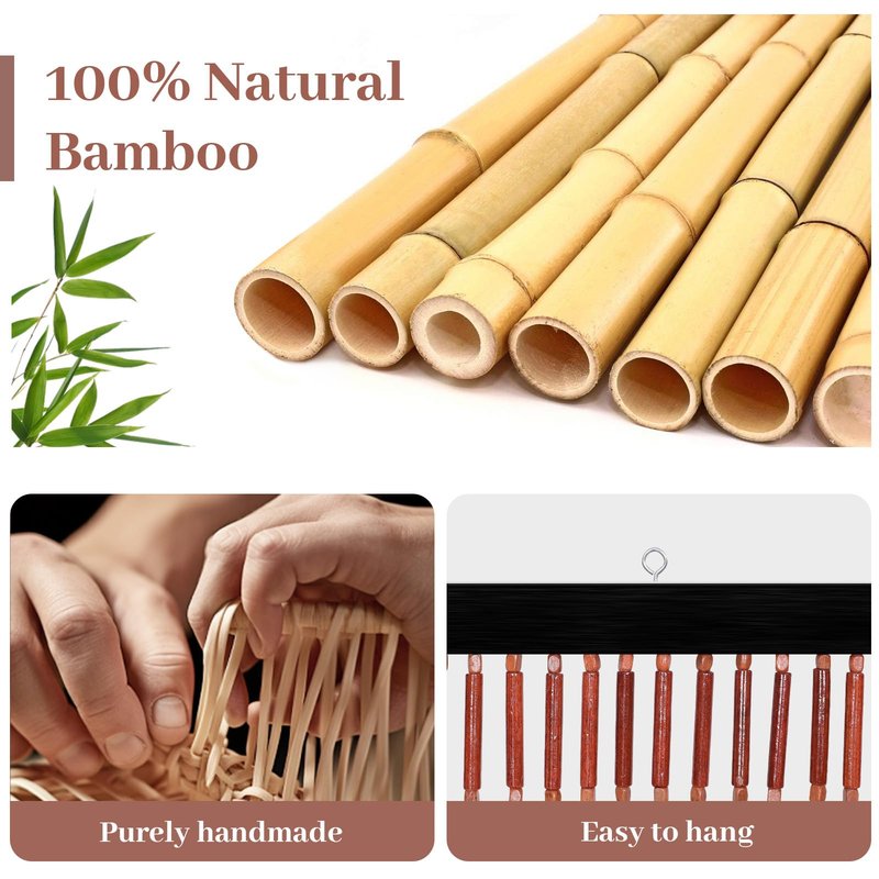 Boshen Handmade Bamboo Beaded Curtains for Doorways, 65 Strands 35.5x78.7inch Natural Wood Boho Hanging Door Beads Curtains Room Divider for Home Decor Hallway Window(Brown)