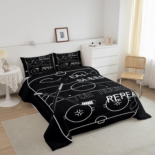jejeloiu Kids Ice Hockey Comforter Set Twin Size Ice Sports Games Comforter Boys Girls Eat Sleep Hockey Ball Pattern Bedding Set Gaming Sports Theme Black Quilt Set