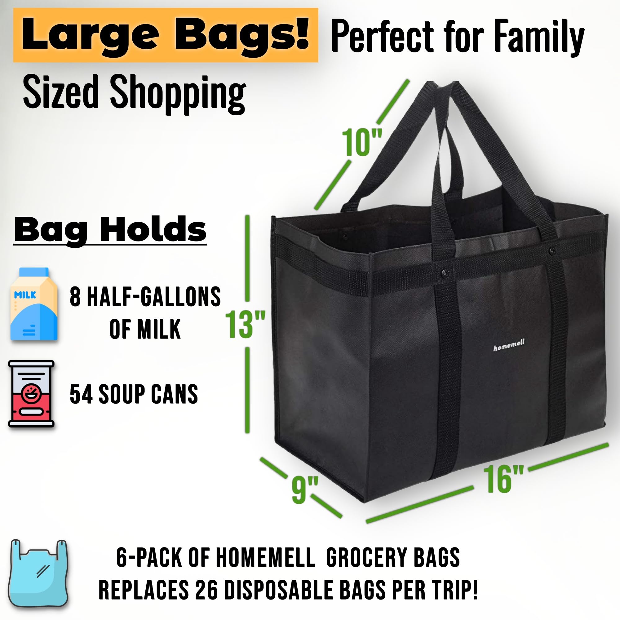 Homemell Heavy Duty Reusable Grocery Bags, Large Collapsible Tote Bag Holds 100 LBS, Extra-Strength Premium Material (Black, 6-Pack)