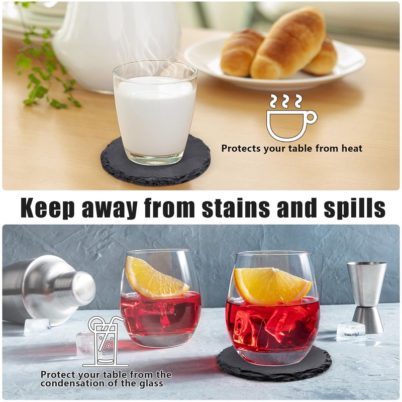 24 Pack Round Slate Drink Coasters, VIBRATITE 4 Inch Black Slate Stone Coasters Bulk Cup Coasters Laser Engraving Blanks with Anti-Scratch Bottom for Drink Coffee Bar Kitchen Home Decor