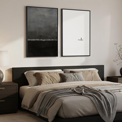 Framed Black and White Abstract Wall Art | Large Set of 2 Minimalist Canvas Prints 24x36 In