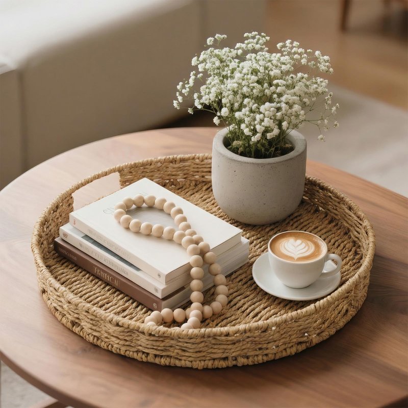 Round Ottoman Tray Large Wicker Serving Tray with Handles for Coffee Table, 20 Inch Handwoven Natural Water Hyacinth Tray Scalloped Edges