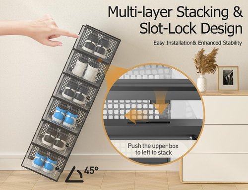 Kuject Clear Plastic Shoe Storage Boxes - Stackable 12-Pack Organizers for Sneakers & Toys | XXX-Large, Black