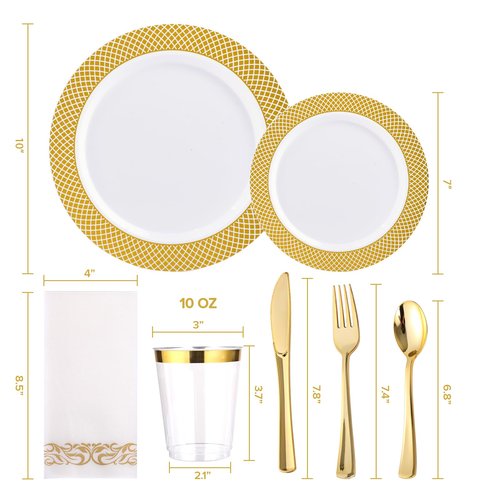FOCUSLINE 175 Count Gold Dinnerware Set for 25 Guests - Disposable Plastic Plates with Gold Grid, Includes 25 Dinner & Salad Plates, Cups, Napkins, Cutlery Set for Wedding Parties