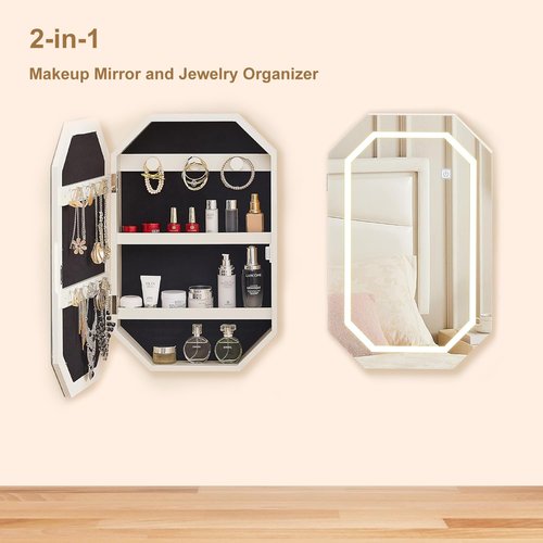 VECELO LED Jewelry Cabinet, Wall/Door-Mounted Jewelry Organizer with Frameless Lighted Mirror, Storage Hanging Cabinet, USB Port, 22.4 * 14.6 * 3.9 in, White