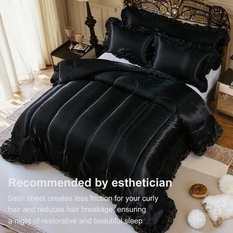 Satin Queen Comforter Set Silk Like Satin Bedding Set Hotel Soft Polyester Black Bed Set Luxury Silky Pillow Cover with Quilt Set Ruffle Down Comforter Home Decor