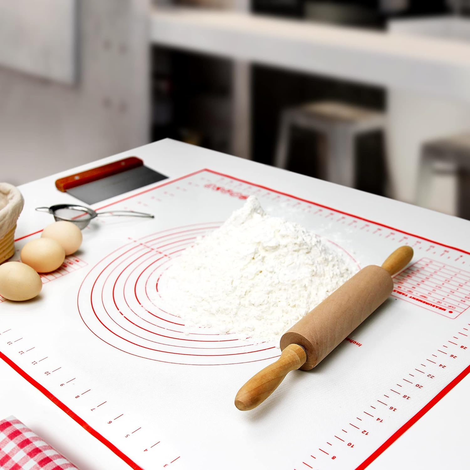 Skiennix Silicone Pastry Baking Mat - Heat Resistant, Non-Stick, BPA Free | 27.5” x 20” Red with Brush & Scraper
