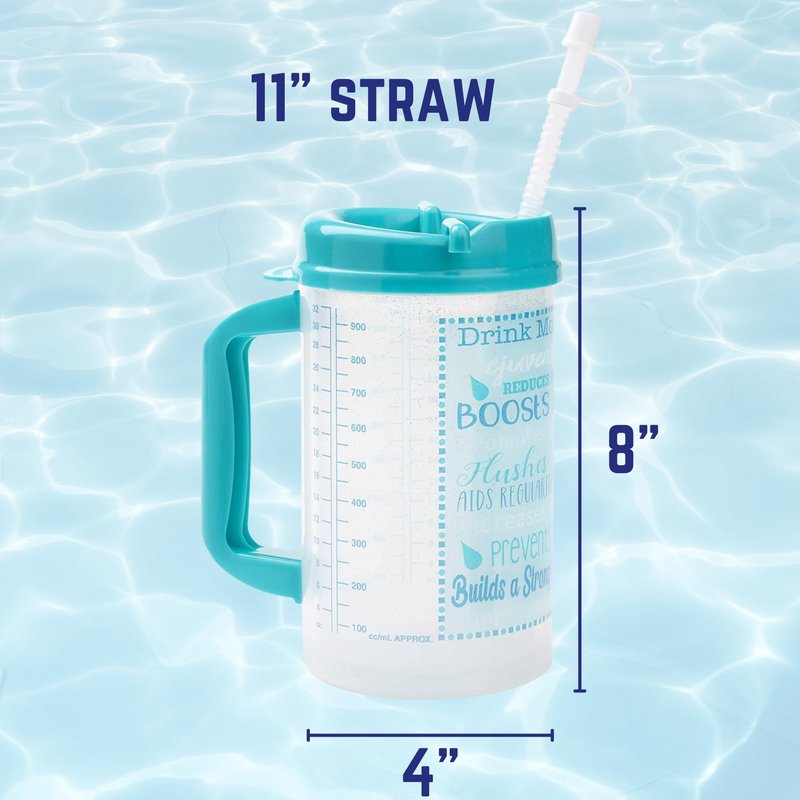 Plum Hill Hospital Cup With Lid and Straw - 32 Ounce Insulated Water Bottle, Drinking Mug With Measurements - Teal