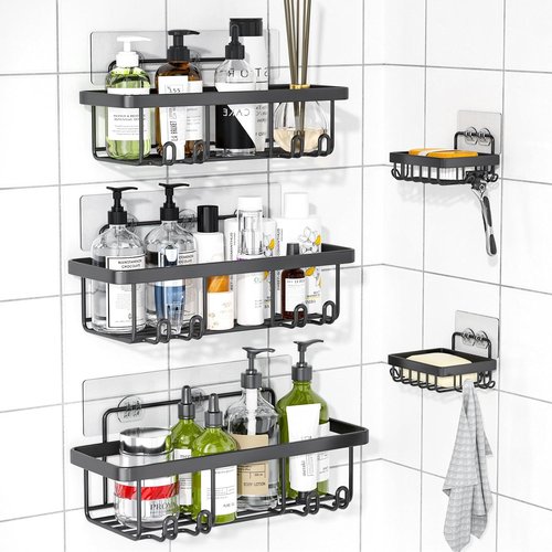 Adhesive Shower Caddy | 5 Pack Rustproof Stainless Steel Bathroom Organizers - Large Capacity, No Drilling, Black