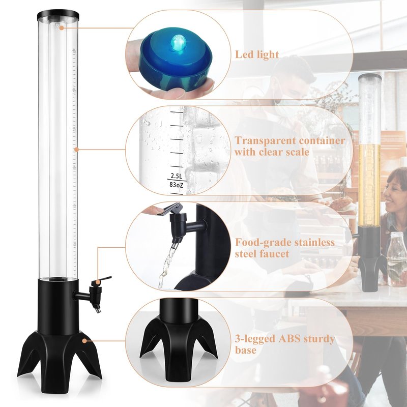 COSYOO Drink Tower, 3L Drink Tower Dispenser With Ice Tube and Led Light, Tabletop Beer Dispenser 3.17 Qt./3 L, Ideal for Parties Bars Pubs Restaurants