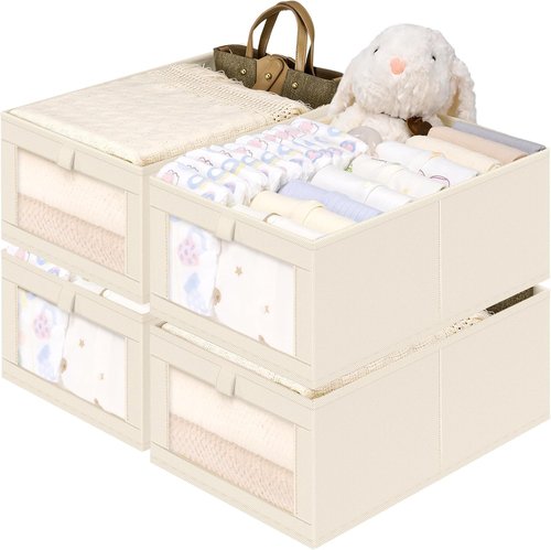 Criusia Closet Organizers - 4 Pack Foldable Linen Baskets with Mesh Windows for Clothing & Toys | Beige