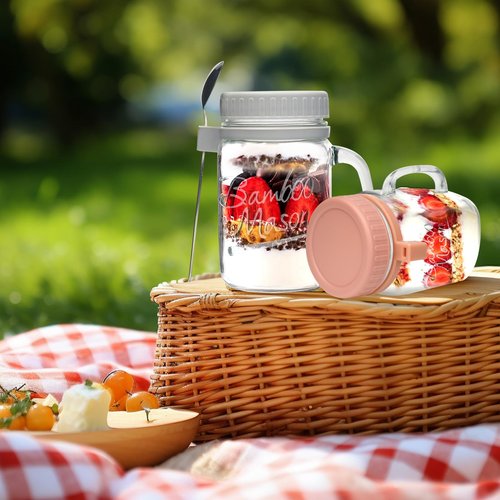 ANOTION Overnight Oats Containers with Lids and Spoons - 16 oz Mason Jars with Handle Set of 4 - Airtight Glass Meal Prep Containers for Oats Overnight, Yogurt Oatmeal Cereal Pudding Cups with Lids