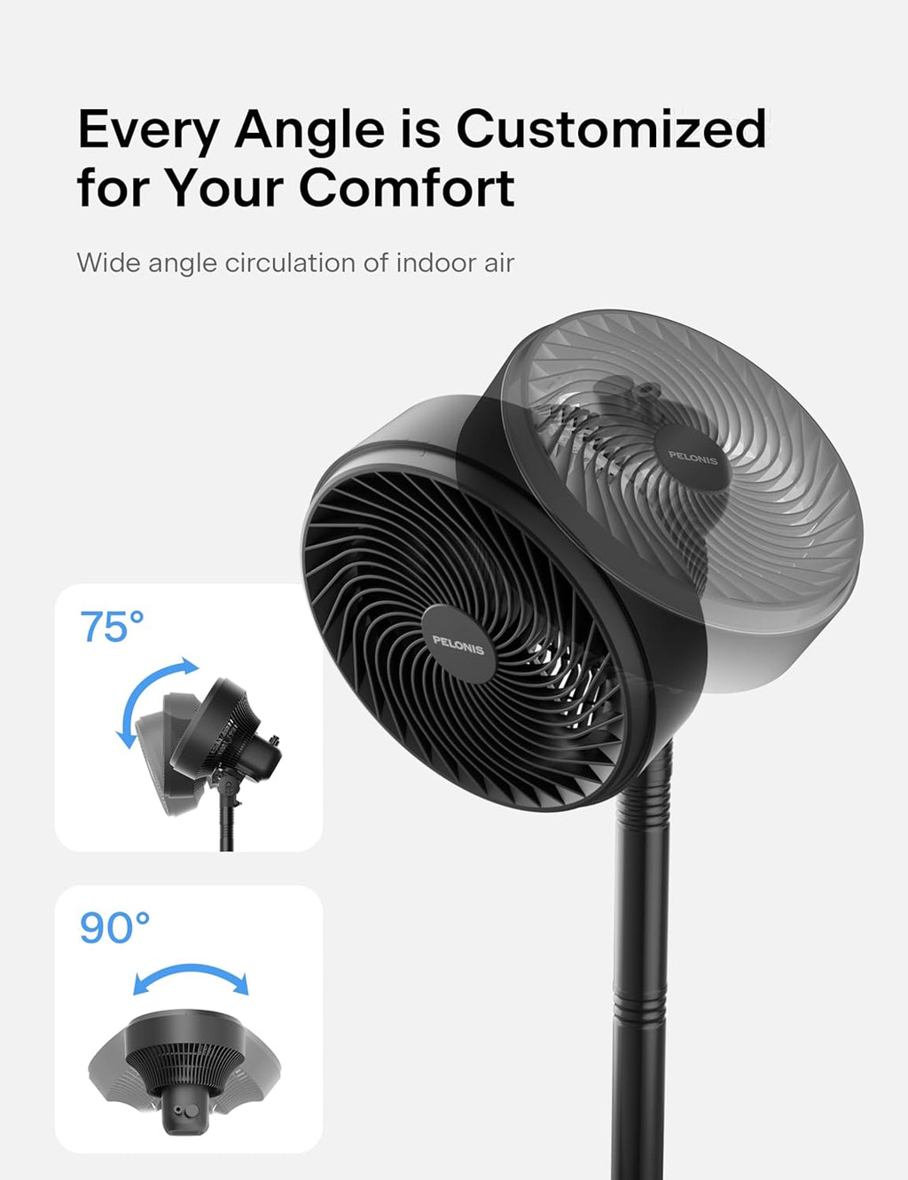 PELONIS 7-Inch Oscillating Pedestal Fan - 3 Speed Adjustable Height | Quiet 5-Blade Design for Home & Office