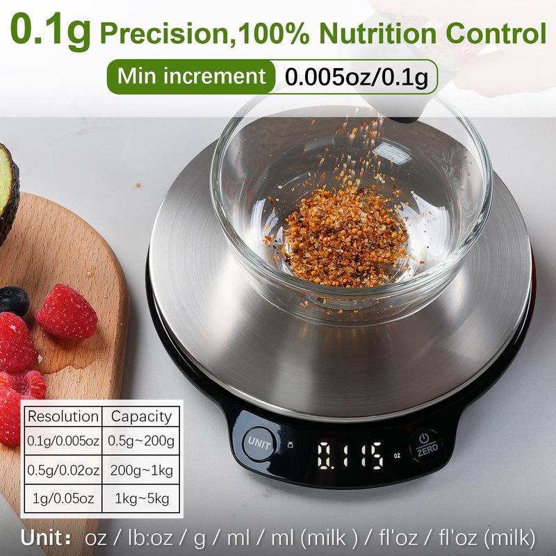 Smart Food Scale with Nutritional Calculator, 0.1g / 0.005oz High Precision, 5kg / 11lb, Free APP with Calorie Counter, Nutrients Tracking, Marco. Kitchen Scale for Meal Prep, Weight Loss, etc. Black