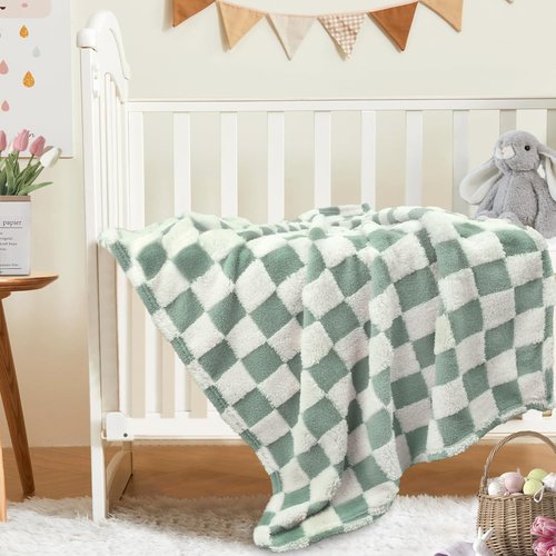 HOMRITAR Checkered Baby Blanket - Soft Sage Green Fluffy Comfort | Reversible 30 x 40 Inch for Infants