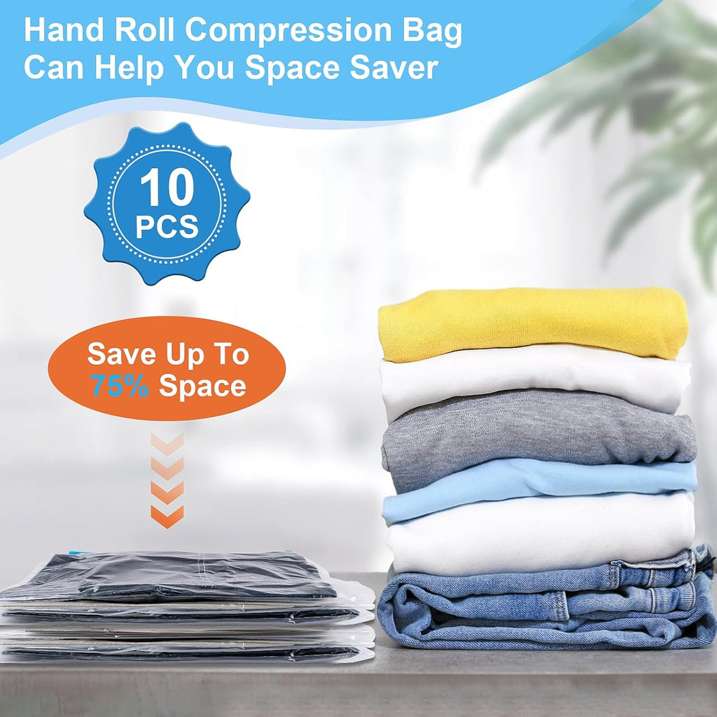 Skiennix Compression Bags - 10 PCS Space Saver Bags for Travel | No Vacuum Needed, 3 Sizes for Clothing Storage