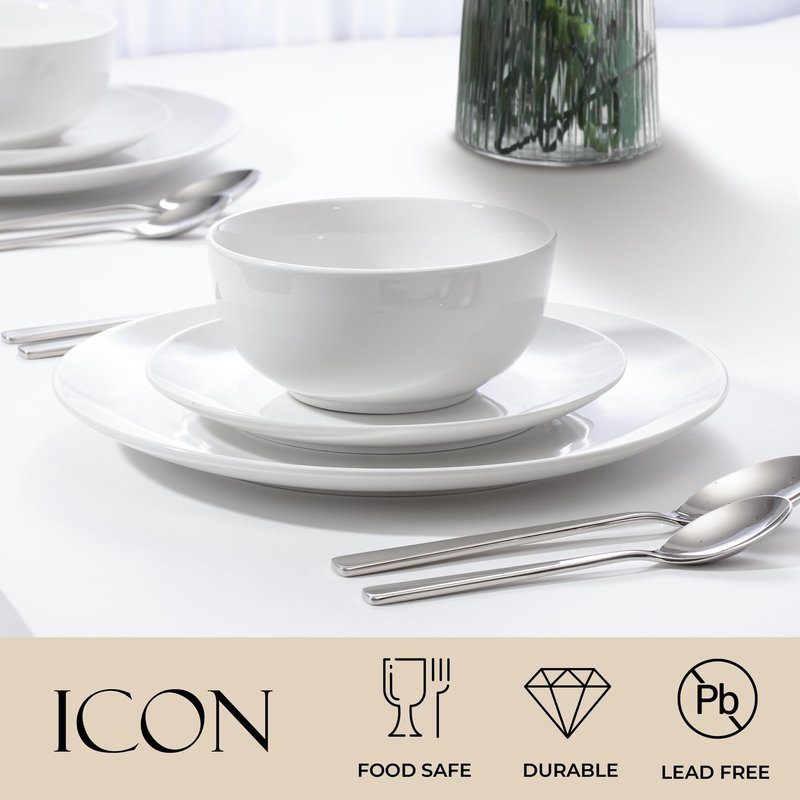Zulay Kitchen Icon Porcelain Dinnerware Set, Service For 4 - Chip & Scratch Resistant White Plates And Bowls Sets - Microwave & Dishwasher Safe - White