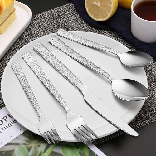 E-far 40-Piece Hammered Silverware Set | Modern Stainless Steel Flatware for 8 - Dishwasher Safe
