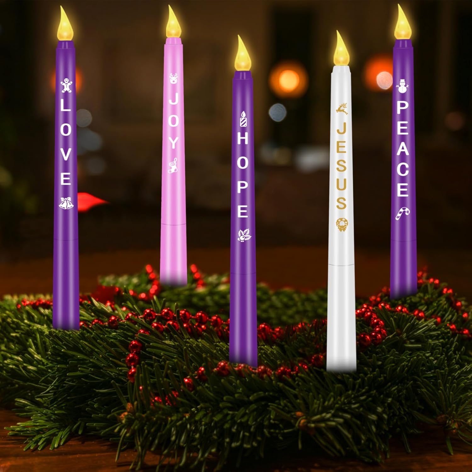 RGQSUN Flameless Advent Candles - Set of 5 Battery Operated Flickering Taper Candles for Christmas Decor