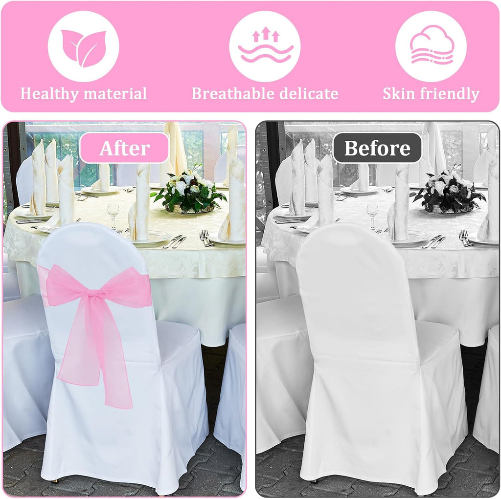 Skiennix 10PCS Pink Chair Sashes - Elegant Organza Ribbon Ties for Wedding & Party Decor