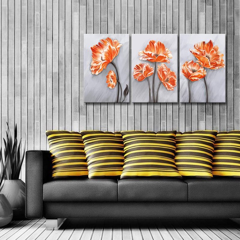 Derkymo 3 Pieces Orange Poppies Picture Elegant Flower Canvas Painting Beautiful Floral in Grey Artwork for Living Room Bedroom Framed Ready to Hang 16"x24"x3pcs
