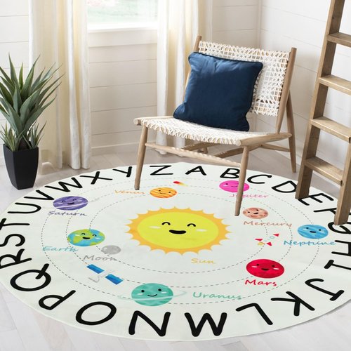 Round ABC Kids Rug, Circle Outer Space Rugs, Alphabet Playroom Rug, Non-Slip Universe Solar System Planet Theme Carpets for Playroom Educational Learning Area Rug for Classroom Living Room Bedroom